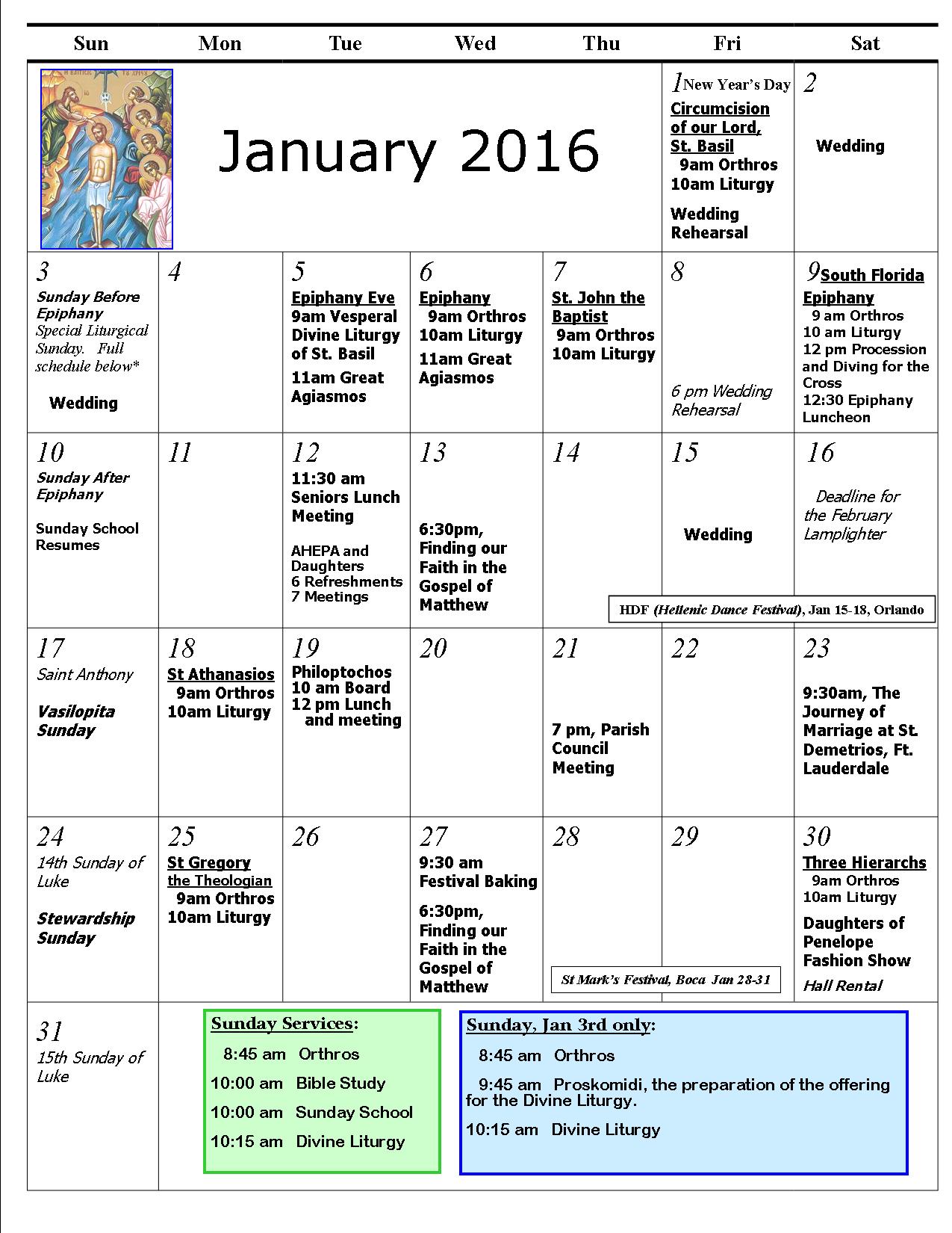 January 2016 Calendar